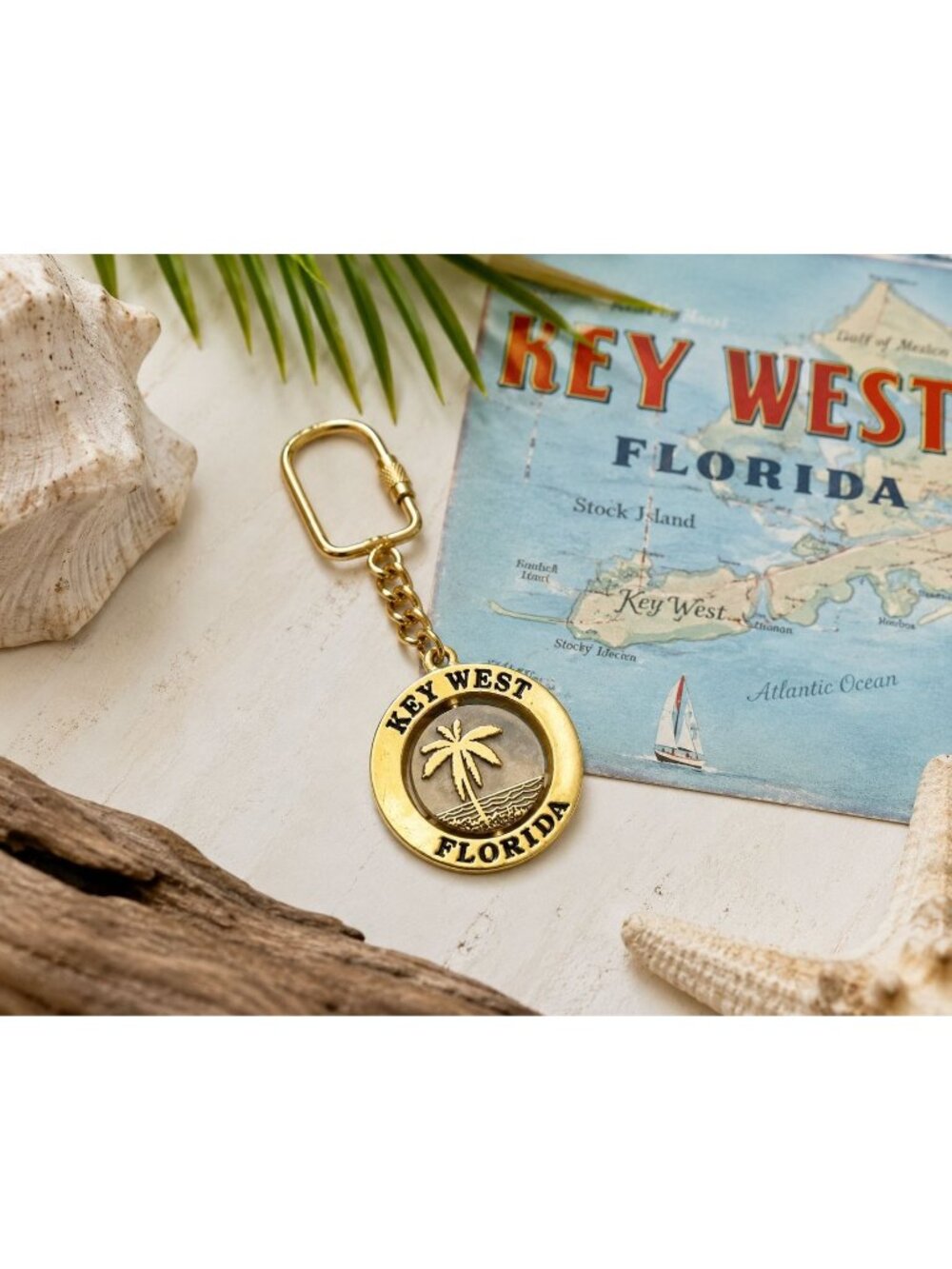 Vintage Key West Florida Palm Tree Gold Tone Souvenir Spinner Keychain